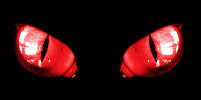 Red headlight graphic decals with black vertical slit and reflective highlights