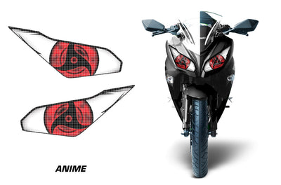 Motorcycle headlight graphic decals, black with red anime eye pattern (pair).