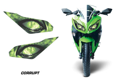 Motorcycle headlight graphic decals, black with bright green corrupt eye pattern (pair).