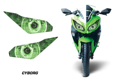 Motorcycle headlight graphic decals, black with green cyborg target eye pattern (pair).
