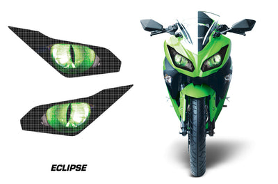 Motorcycle headlight graphic decals, black with glowing green eclipse eye pattern (pair).