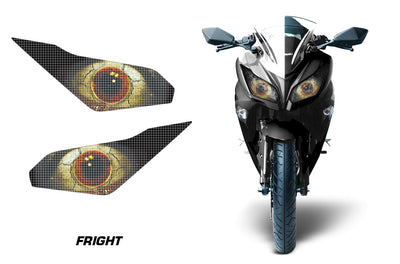 Motorcycle headlight graphic decals, black with amber fright eye pattern (pair).