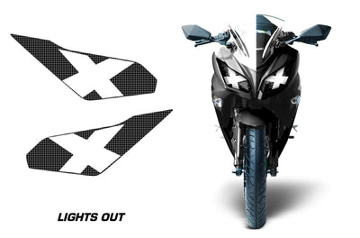 Motorcycle headlight graphic decals, black with white X marks and panels (pair).