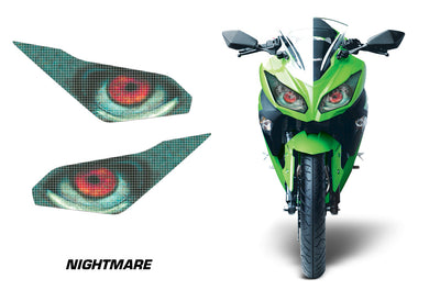 Motorcycle headlight graphic decals, black with teal nightmare eye pattern and red pupils (pair).