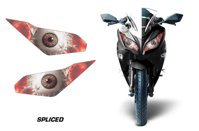 Motorcycle headlight graphic decals, black with spliced red-and-white eye pattern (pair).