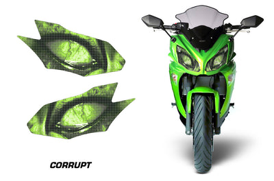 Headlight graphic decal set with two neon green eye designs on a motorcycle front fairing