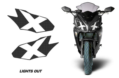 Headlight graphic decal set with two black-and-white X eye designs on a motorcycle front