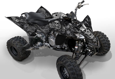 Yamaha YFZ 450R ATV graphics in black with skull-style gray pattern, side view.