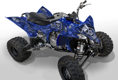 Yamaha YFZ 450R ATV graphics in blue with skull-style gray pattern, side view.