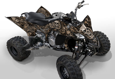 Yamaha YFZ 450R ATV graphics in brown camouflage with skull-style pattern, side view.