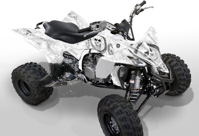 Yamaha YFZ 450R ATV graphics in white with gray skull-style pattern, side view.