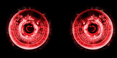 Red LED-style headlight graphics with circular digital eye rings