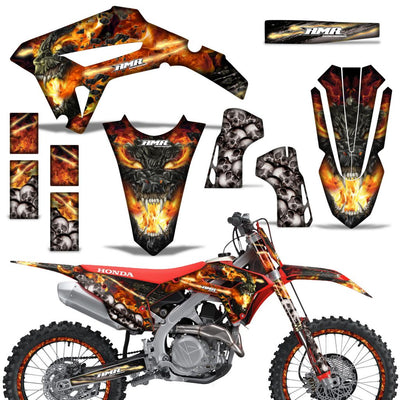 Honda CRF450R/RX 2021 motorcycle graphics kit, orange and black flame artwork with decals