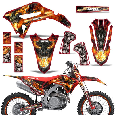 Off-road motorcycle graphics kit with orange flame and black decals for front, side, and rear panels