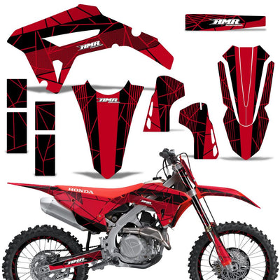 Off-road motorcycle graphics kit with red black geometric decals for front, side, and rear panels