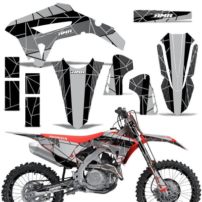 Off-road motorcycle graphics kit with white gray and black stripe decals for front, side, and rear panels