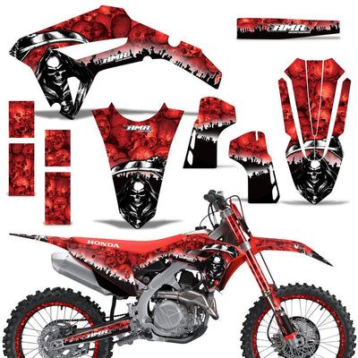 Off-road motorcycle graphics kit with red skull decals for front, side, and rear panels