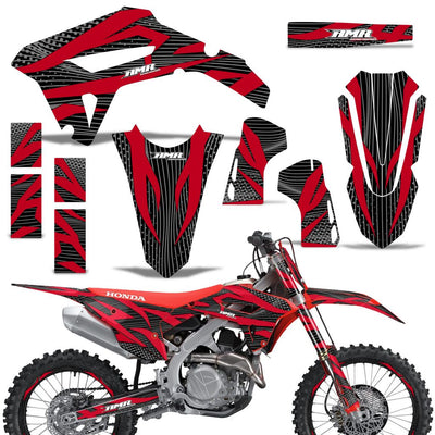 Off-road motorcycle graphics kit with red and black racing stripe decals for front, side, and rear panels