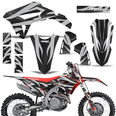 Off-road motorcycle graphics kit with white gray and black racing stripe decals for front, side, and rear panels