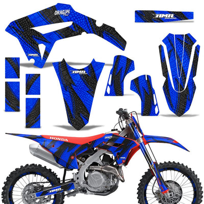 Off-road motorcycle graphics kit with blue and black digital pattern decals for front, side, and rear panels