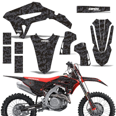 Motorcycle graphics kit, black camo full-body decals with light accents for CRF450R/RX