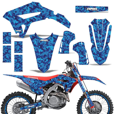 Motorcycle graphics kit, blue camouflage full-body decals with white accents for CRF450R/RX