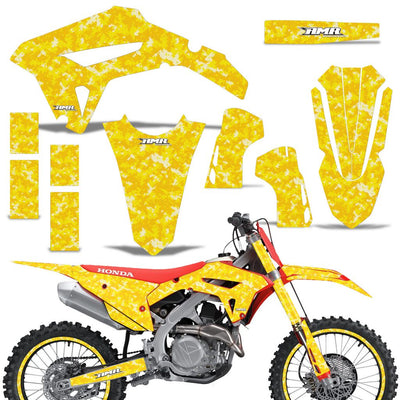 Motorcycle graphics kit, yellow splatter full-body decals with white accents for CRF450R/RX