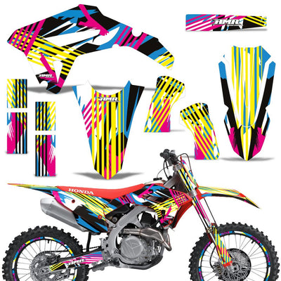 Motorcycle graphics kit, multicolor striped decals with pink and blue accents for CRF450R/RX