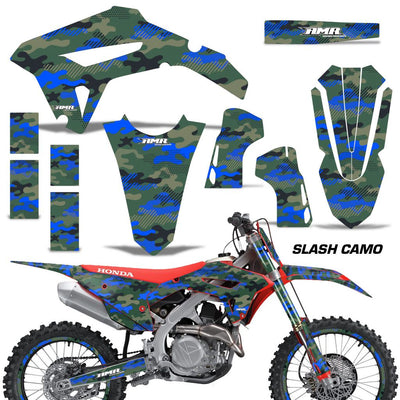 Honda CRF450R/RX 2021 graphics kit with blue camo panels and matching number plate set