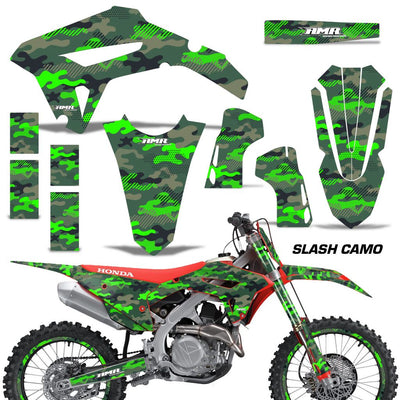 Honda CRF450R/RX 2021 graphics kit with green camo panels and matching number plate set