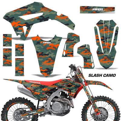 Honda CRF450R/RX 2021 graphics kit with orange camo panels and matching number plate set