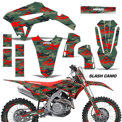 Honda CRF450R/RX 2021 graphics kit with red camo panels and matching number plate set