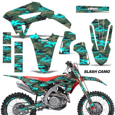 Honda CRF450R/RX 2021 graphics kit with teal camo panels and matching number plate set