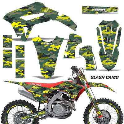 Honda CRF450R/RX 2021 graphics kit with yellow camo panels and matching number plate set