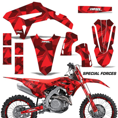 Honda CRF450R/RX 2021 graphics kit with red Special Forces styling and matching number plate set