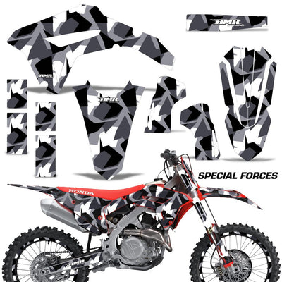 Honda CRF450R/RX 2021 graphics kit with black Special Forces styling and matching number plate set