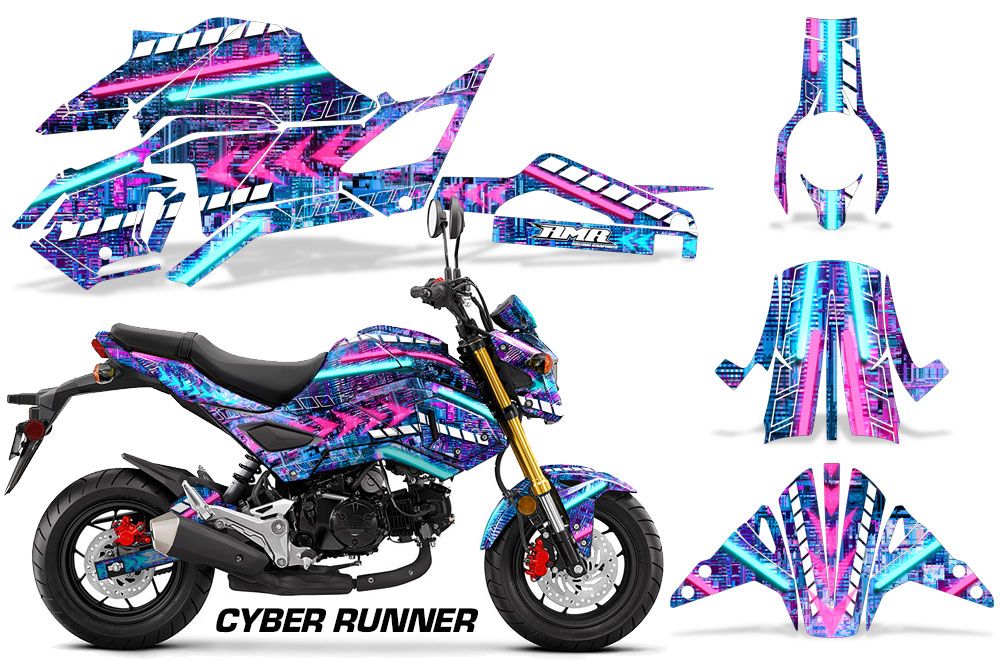 Blue Pink Cyber Runner Design installed on a Honda Grom 125 Graphics Kit (2017–2020)