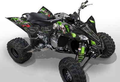 Yamaha YFZ 450R ATV graphics in black with neon green accents, side view.