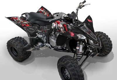Yamaha YFZ 450R ATV graphics in black with red accents, side view.