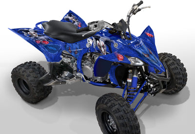 Yamaha YFZ 450R ATV graphics in bright blue with red details, side view.