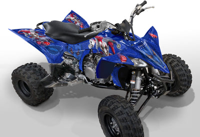 Yamaha YFZ 450R ATV graphics in blue with red and gray details, side view.