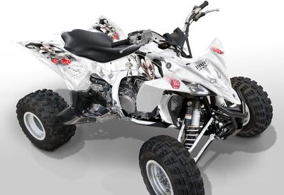 Yamaha YFZ 450R ATV graphics in white with red and black details, side view.