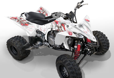 Yamaha YFZ 450R ATV graphics in white with red accents, side view.