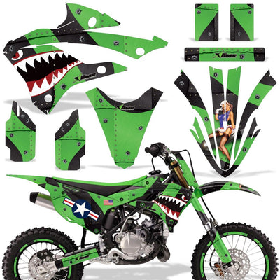 Motorcycle fairing and fender graphics set with green black shark teeth design