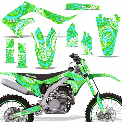 Psycho Kraken - Green Background Teal Design shown with number plate , and rim protectors (Optional)