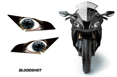 Motorcycle headlight graphics set with bloodshot eye designs in red and blue tones