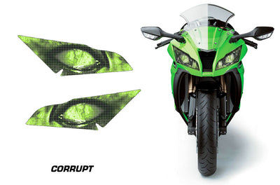 Motorcycle headlight graphics set with corrupt eye designs in bright green and neon accents