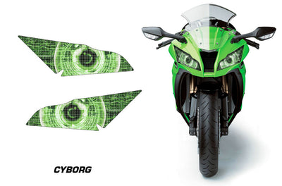 Motorcycle headlight graphics set with cyborg circular eye patterns in green
