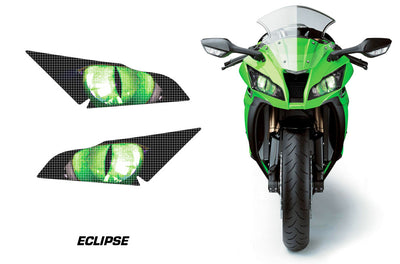 Motorcycle headlight graphics set with eclipse eye design in neon green and black