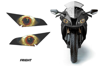 Motorcycle headlight graphics set with fright eye design in gold, orange, and black